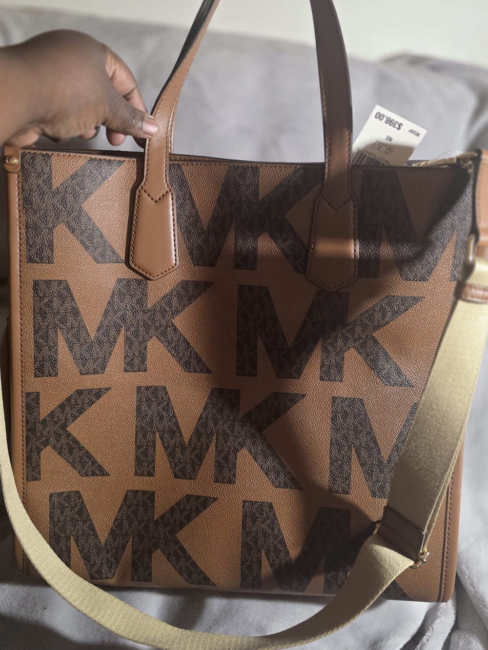 Michael Kors Brown MK Logo Messenger Tote with Tan Strap